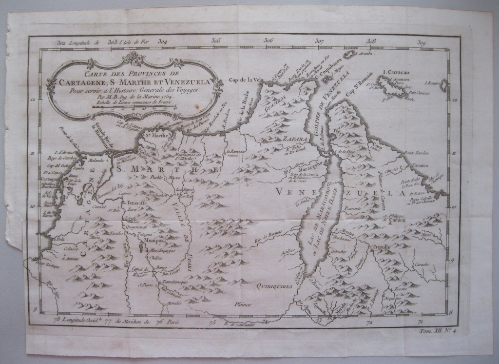 Mapa del norte de Colombia y Venezuela.1754. Jacques Nicolas Bellin